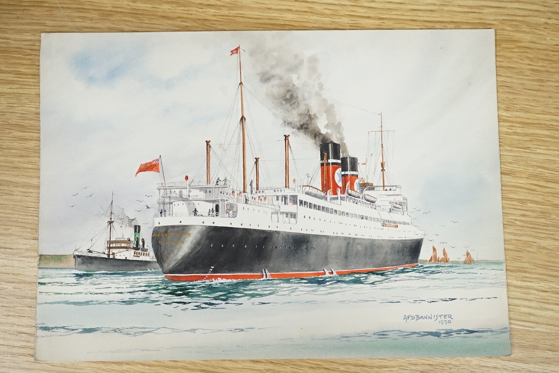 A F D Bannister, set of six original watercolours for postcard designs, Ocean going vessels to include Otranto, Orient Line, Highland Monarch Royal Mail Line and Arandora Star Blue Star Line, each with original pencil in